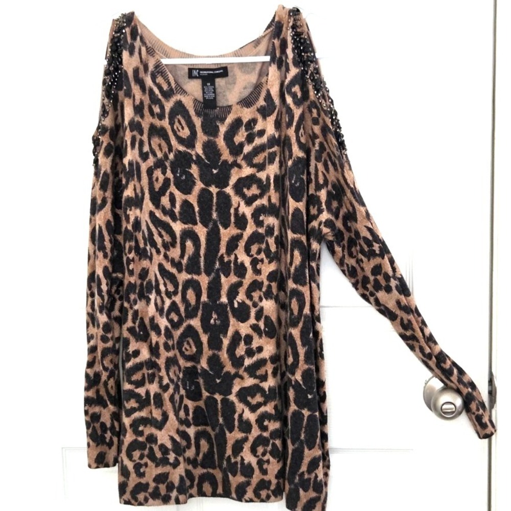INC International Concepts Leopard Cold Shoulder Sweater Jewel & Bead Accents